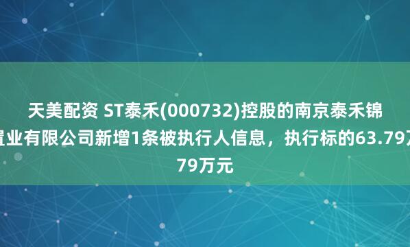 天美配资 ST泰禾(000732)控股的南京泰禾锦鸿置业有限公司新增1条被执行人信息，执行标的63.79万元